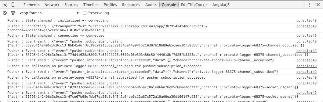 A screenshot of a browser console showing the Pusher debugging output
